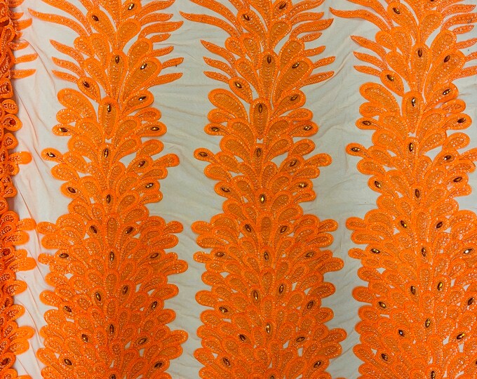 Neon Orange Beaded Peacock Feathers - 3D Vegas Design with Embroidered Sequins and Beads On a Mesh Lace Fabric for Prom Dress ( By Panel )