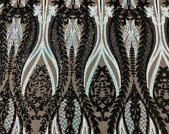 Iridescent Sequin Fabric: Black & Blue Damask Design, 4-Way Stretch by the yard