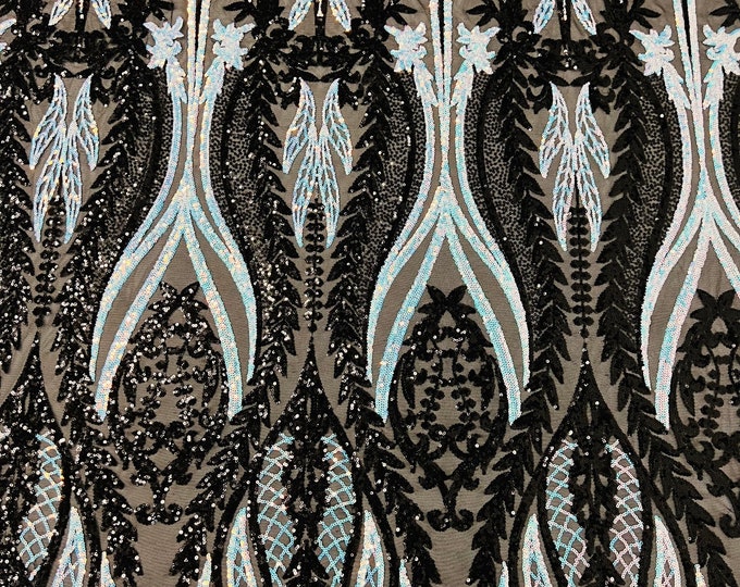 Black/Blue Iridescent Sequins Fabric by the yard (Pick a Size) Tow Tone 4 Way Stretch Damask Design Sequin Fabric