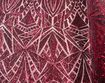 Burgundy Sequin Fabric – Geometric Embroidery on Mesh, 4-Way Stretch