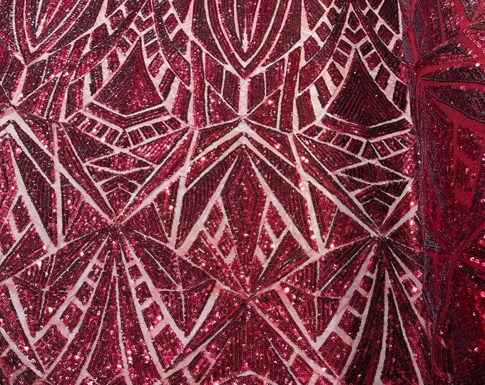 Burgundy Sequin Fabric by the yard on a Mesh 4 Way Stretch - Geometric Design Embroidery With Sequins Iridescent (Pick a Size)