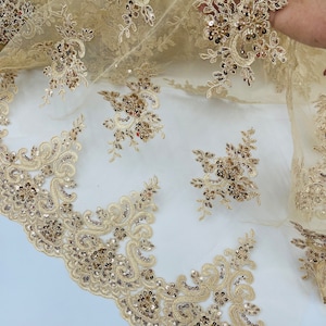 Champagne Beaded Fabric By The Yard Embroidered on a Mesh Lace Fabric, Sequin Lace Beaded Lace Wedding,Bridal,Dress