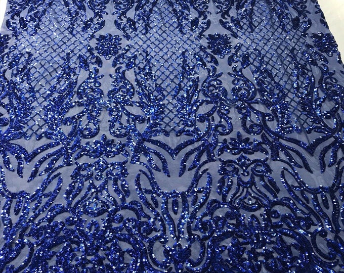 Royal Blue Sequins -  Luxury Damask Design Embroidered Spandex 4way Stretch Sequin By Yard -Prom-Gown ( Choose The Size )