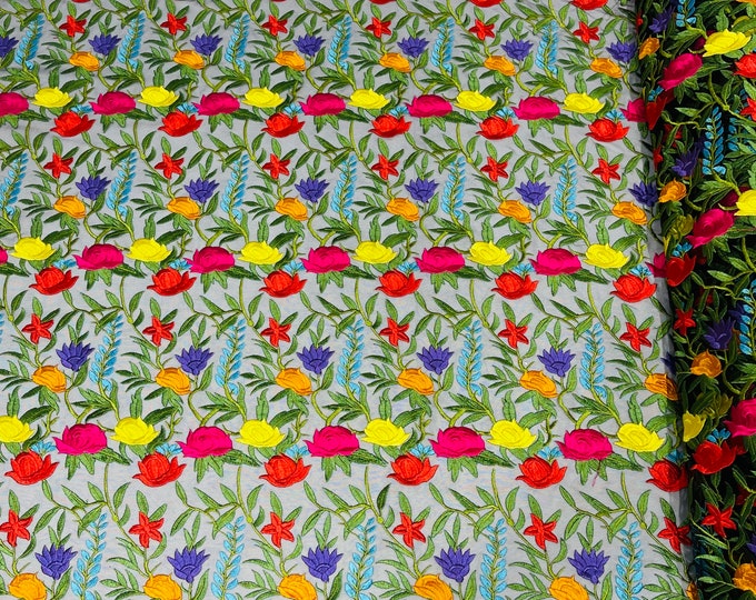 Multi color Flower, Floral Lace - by the yard- Embroidered on Black Mesh Lace Fabric, Bridal Wedding Floral Mesh (Pick a Size)