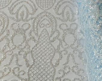 Clear Beaded Fabric Light Blue Mesh by the yard, Bridal Wedding beaded, Damask Pattern With Beads and Sequin, Appliqué lace for bridals