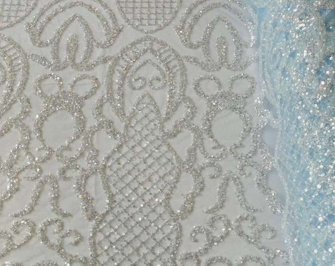 Clear Beaded Fabric Light Blue Mesh by the yard, Bridal Wedding beaded, Damask Pattern With Beads and Sequin, Appliqué lace for bridals