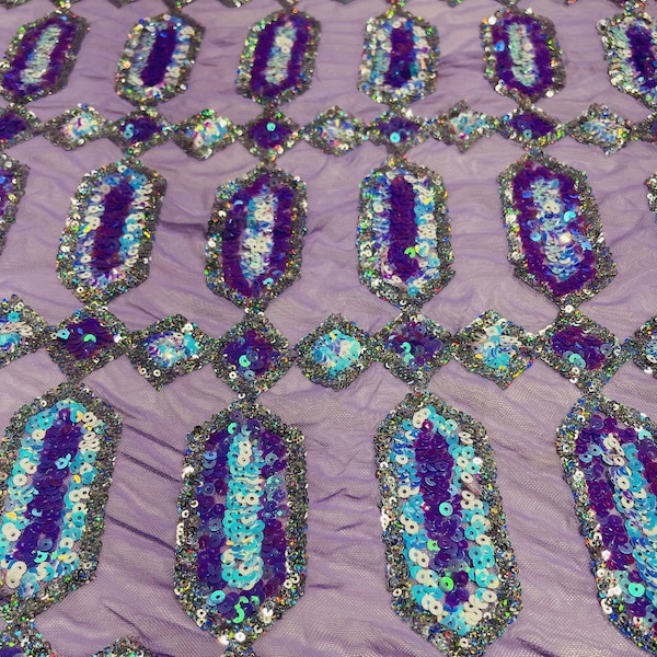 Lavender Iridescent Sequin Fabric on Mesh, Jewel Design Embroidered on a Mesh 4 way Stretch Sequins Sold By Yard ( Choose The Size )