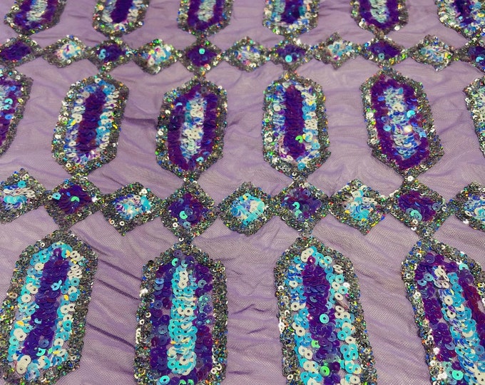 Lavender Iridescent Sequin Fabric on Mesh, Jewel Design Embroidered on a Mesh 4 way Stretch Sequins Sold By Yard ( Choose The Size )