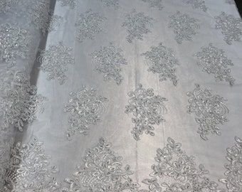 Flower Lace Fabric - White Floral Clusters Embroidered Lace Mesh Fabric Sold By The Yard