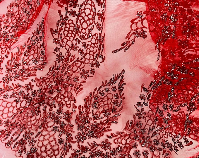 Red Silver Rhinestones Glitter Fabric on a Mesh By The Yard | Geometric Damask Glitter Rhinestones on Mesh Fabric, Wedding Bridal/Prom
