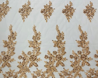 Champagne Floral Beaded Lace Fabric: Embroidered Sequins Bridal Wedding - Sold By The Yard