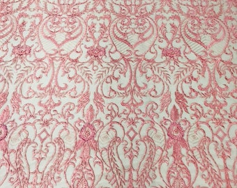 Pink Damask Beaded Fabric: Embroidered Floral Mesh, Bridal Wedding Gown