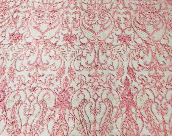 Glam Damask Beaded Fabric, Pink - Embroidered Fashion Fabric with Beads Wedding Bridal Sold By Yard