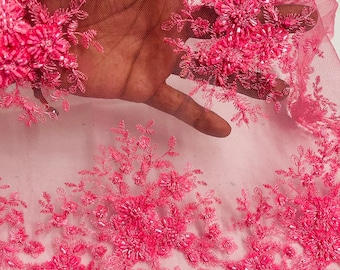 Candy Pink Beaded Lace Fabric: Embroidered Mesh, Bridal Wedding Dress - Sold By The Yard