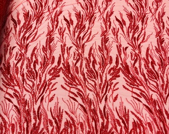 Red Beaded Fabric: Embroidered Wavy Plant Design, Bridal Wedding Fabric