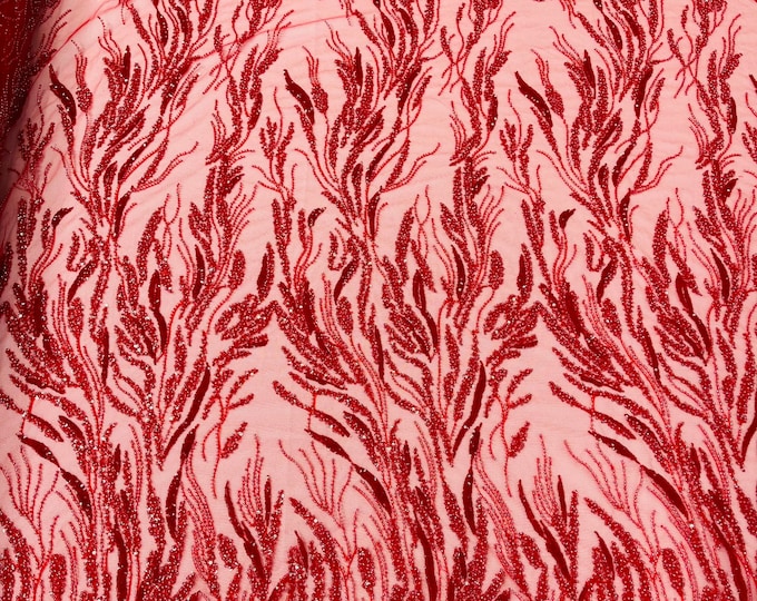 Red Wavy Plant Lines Beaded Fabric - Embroidered Beaded Wedding Bridal Fabric Sold By The Yard