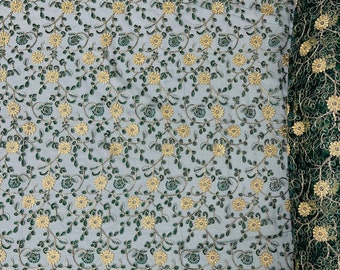 Metallic Gold Floral Embroidered Tulle Lace Fabric: Hunter Green Corded Design