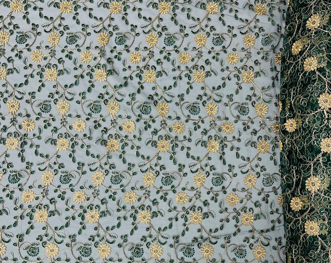 Metallic Gold Flowers With Leaves Embroidered Hunter Green Tulle, Corded Lace Fabric by the yard, Multi Colors Floral Design (Pick a Size)