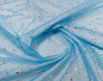 Turquoise Sheer Organza Fabric with Silver Foil Stars - 60" Wide