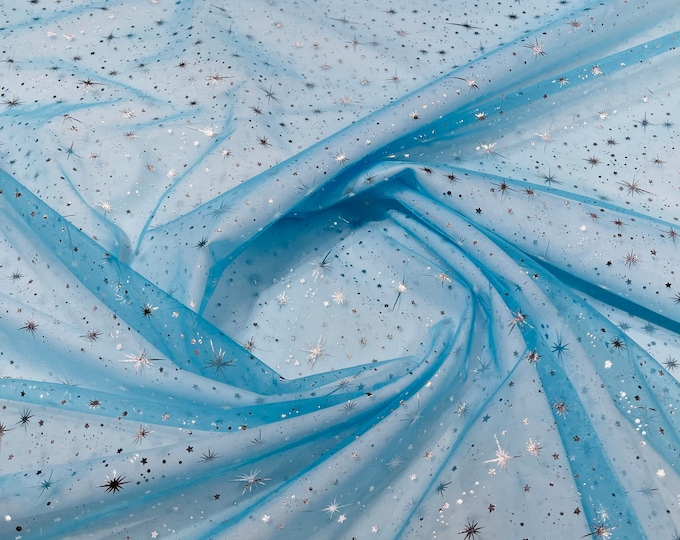 Foil Stars Silver On Turquoise Sheer Organza Sold by the Yard, 60" Wide - Organza Fabric For Dresses, (Pick a Size)