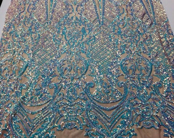 Aqua Sequin Lace Fabric: Damask Embroidered Mesh, 4-Way Stretch