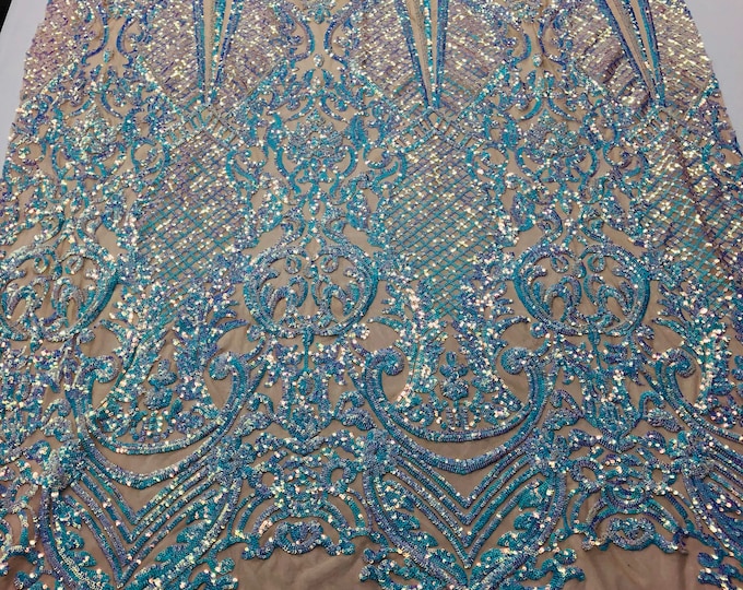 Sequins Aqua Lace Fabric, DAMASK Design Embroidered on Mesh 4 way Stretch Sequin By The Yard -Prom-Gown ( Choose The Size )