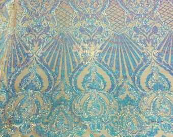 Iridescent Aqua/Blue Sequin Damask Selena Design on a 4 Way Stretch Sequin Lace Mesh - Prom Gala Gown Fabric By Yard