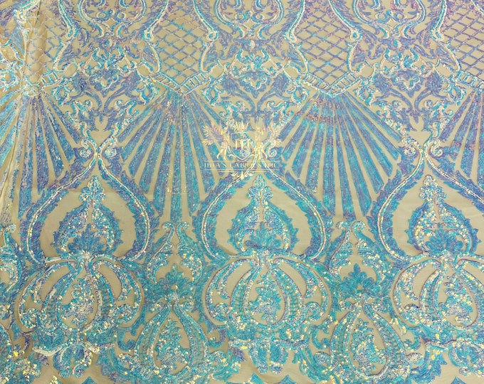 Iridescent Aqua/Blue Sequin Damask Selena Design on a 4 Way Stretch Sequin Lace Mesh - Prom Gala Gown Fabric By Yard