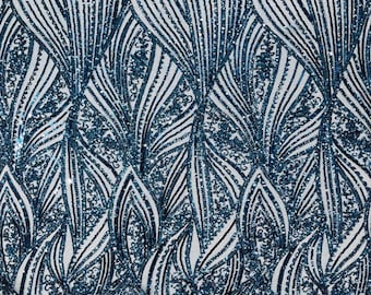 Teal Sequin Fabric: Embroidered Damask Design, 4-Way Stretch