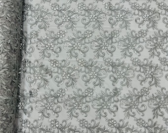 Silver Floral Sequin Lace Fabric: Embroidered Mesh, Bridal Gown Material by the yard
