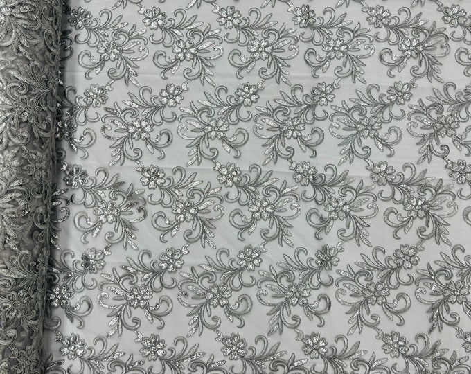 Silver Floral Lace Fabric, by the yard - Embroidery With Sequins on a Mesh Lace Fabric For Gown, Wedding-Bridal