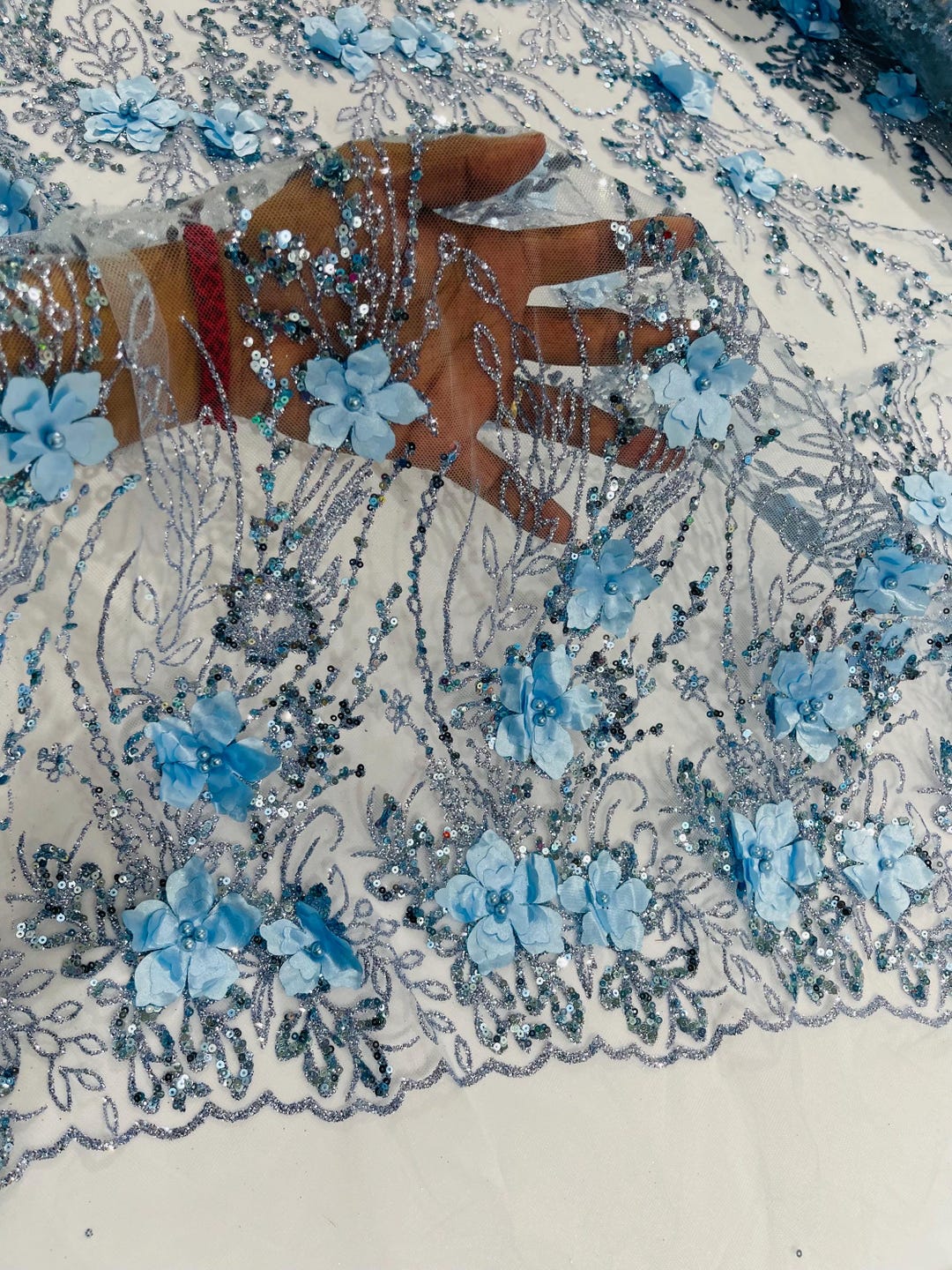 Baby Blue 3D Flower Sequin Fabric, Glitter Floral Lace, Wedding Dress ...