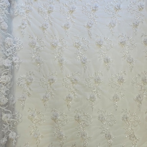 White 3D Floral-Flower Lace Fabric | by the yard | Embroidered With Sequins & Pearls 3D Flower| Lace Floral | Bridal Wedding