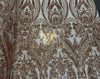 Rose Gold Damask Sequins Fabric – 4-Way Stretch Prom Gown Material