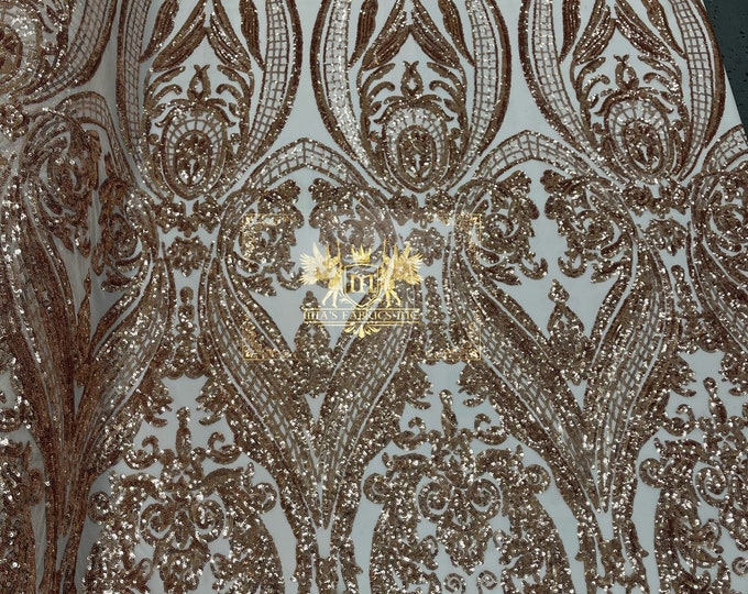 Champagne/Rose Gold Sequins  - 4 Way Stretch Fancy Big Damask Design Sequins on Spandex Mesh Prom Gala Gown Fabric By The Yard