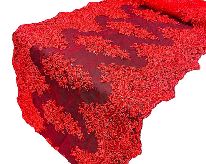 Red Floral Lace Fabric For Runner 21” Wide, by the yard - Embroidery With Sequins on a Mesh Lace Fabric For Applications Wedding
