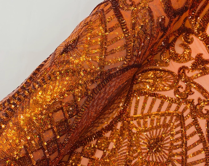 Orange Burnt Holographic Sequins on Mesh, Royalty Design on Mesh 4way Stretch Sequin iridescent by the yard
