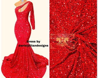 Red Sequin on Red Stretch Velvet With Luxury Sequins all Over 5mm Shining Sequins 2-way Stretch 58/60” (Choose The Quantity)