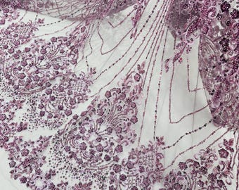 Lt Plum Beaded Fabric By The Yard, Luxury Geometric Design Beads and Sequins, Beaded Fabric Embroidered on a Mesh Lace,Wedding,Bridal,Dress