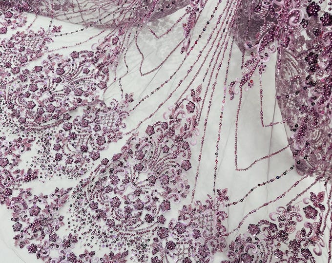 Lt Plum Beaded Fabric By The Yard, Luxury Geometric Design Beads and Sequins, Beaded Fabric Embroidered on a Mesh Lace,Wedding,Bridal,Dress