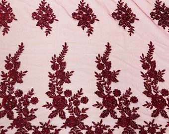 Burgundy Floral Beaded Lace Fabric: Embroidered Sequins Bridal Wedding Dress Fabric