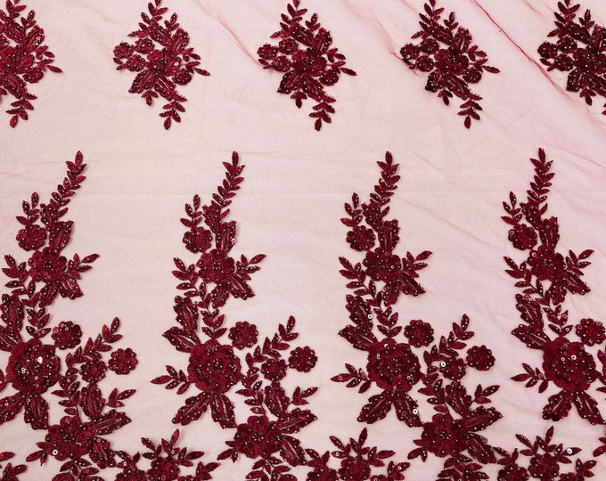 Burgundy Floral Pattern Beaded Fabric - Embroidered Beaded & Sequins Wedding Bridal Fabric | Lace Beaded | Sold By The Yard