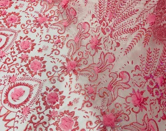 Pink Iridescent 3D Flower Sequin Fabric: Glitter Tulle Mesh, Wedding Dress