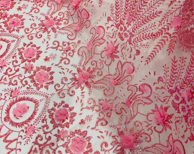 Pink Iridescent 3D Flower Sequin Fabric: Glitter Tulle Mesh, Wedding Dress