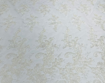 Ivory Floral Lace Fabric with Sequins – Bridal Wedding Gown Material