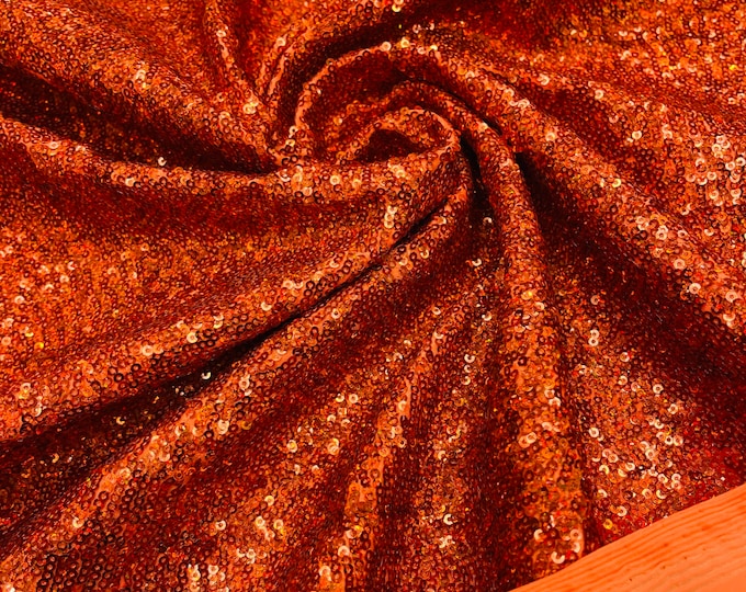 Burnt Orange Holographic Mini Glitz Sequins by the yard on Spandex Fabric | 4 Way Stretch | Orange Iridescent Mini Glitz Sequin Fabric