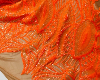 Orange Holographic Sequins Fabric on Nude Mesh, Royalty Design 4way Stretch Orange Iridescent Sequin-Prom-Gown By The Yard