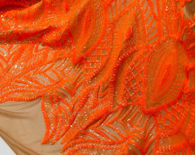Orange Holographic Sequins Fabric on Nude Mesh, Royalty Design 4way Stretch Orange Iridescent Sequin-Prom-Gown By The Yard