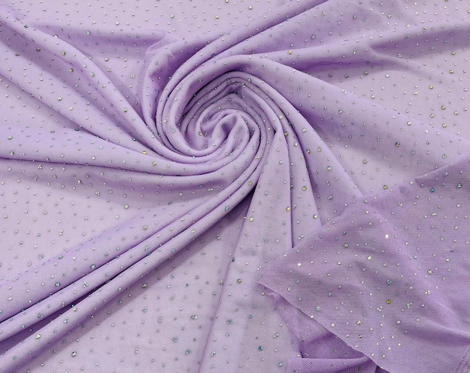 Lilac | AB Rhinestones Fabric On Lilac Power Mesh Polyester Spandex Fabric With Crystal Stones | AB Rhinestones Fabric sold by the yard