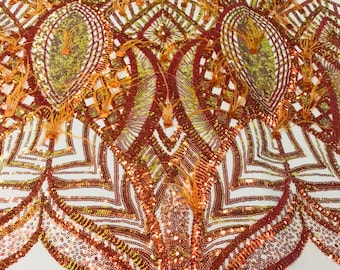 Orange Iridescent Feather Sequin Fabric: 4-Way Stretch Mesh, Prom Gown Fabric